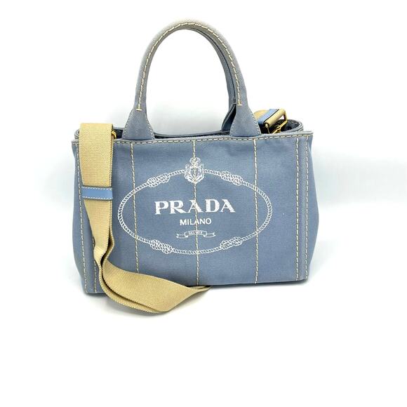 Prada Small Baby Blue Canapa Canvas with Dust Bag Tote Bag - Picture 2 of 12
